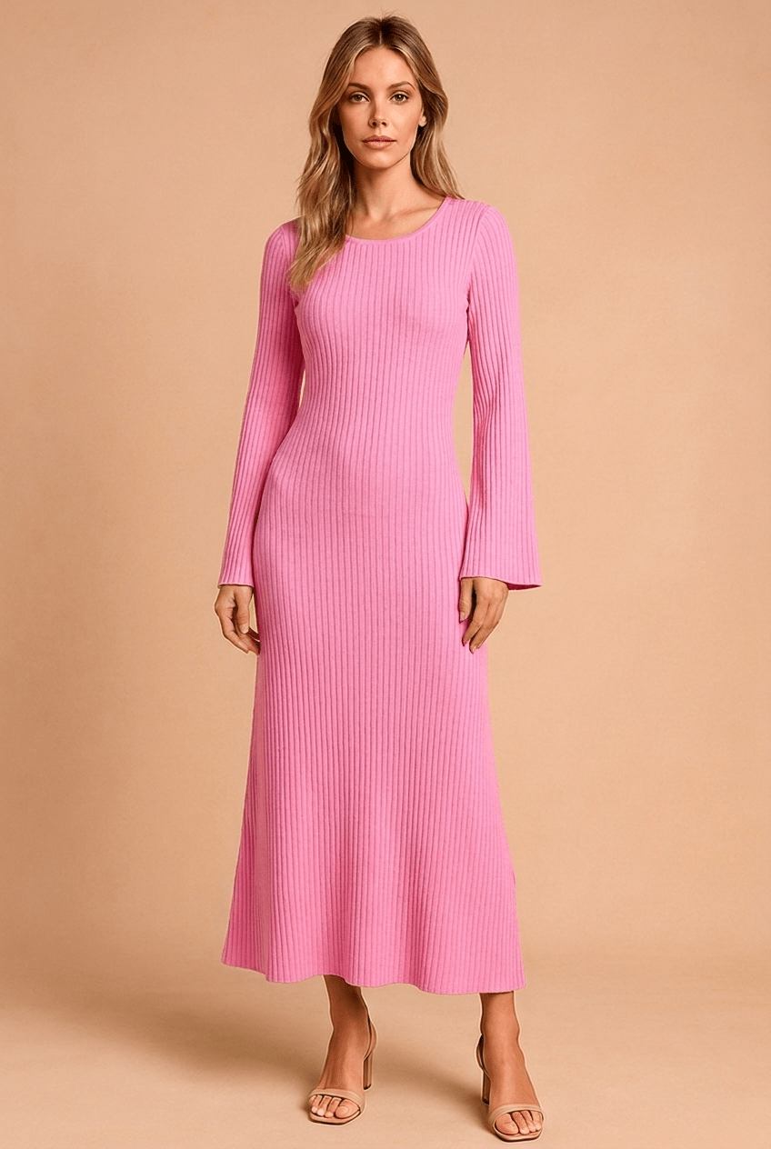 Women's Knit Maxi Dress with Scoop Neck and Bell Sleeves - We are MFEO
