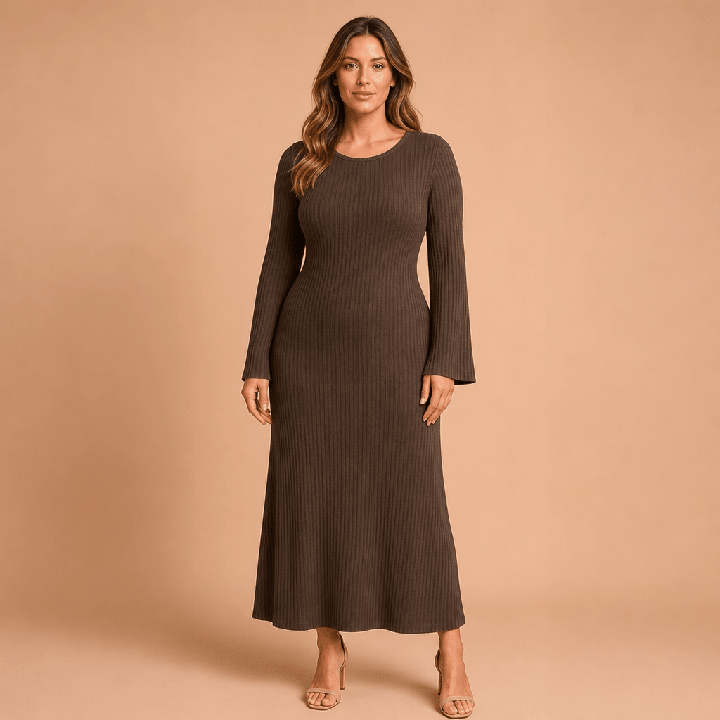 Women's Knit Maxi Dress with Scoop Neck and Bell Sleeves - We are MFEO