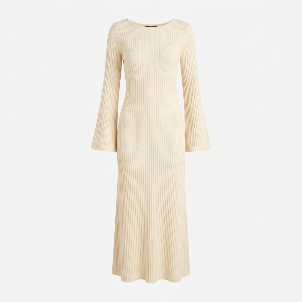 Women's Knit Maxi Dress with Scoop Neck and Bell Sleeves - We are MFEO