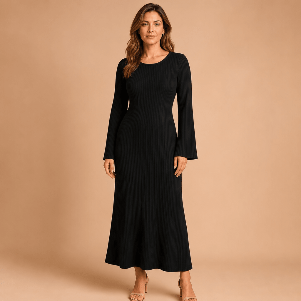 Women's Knit Maxi Dress with Scoop Neck and Bell Sleeves - We are MFEO