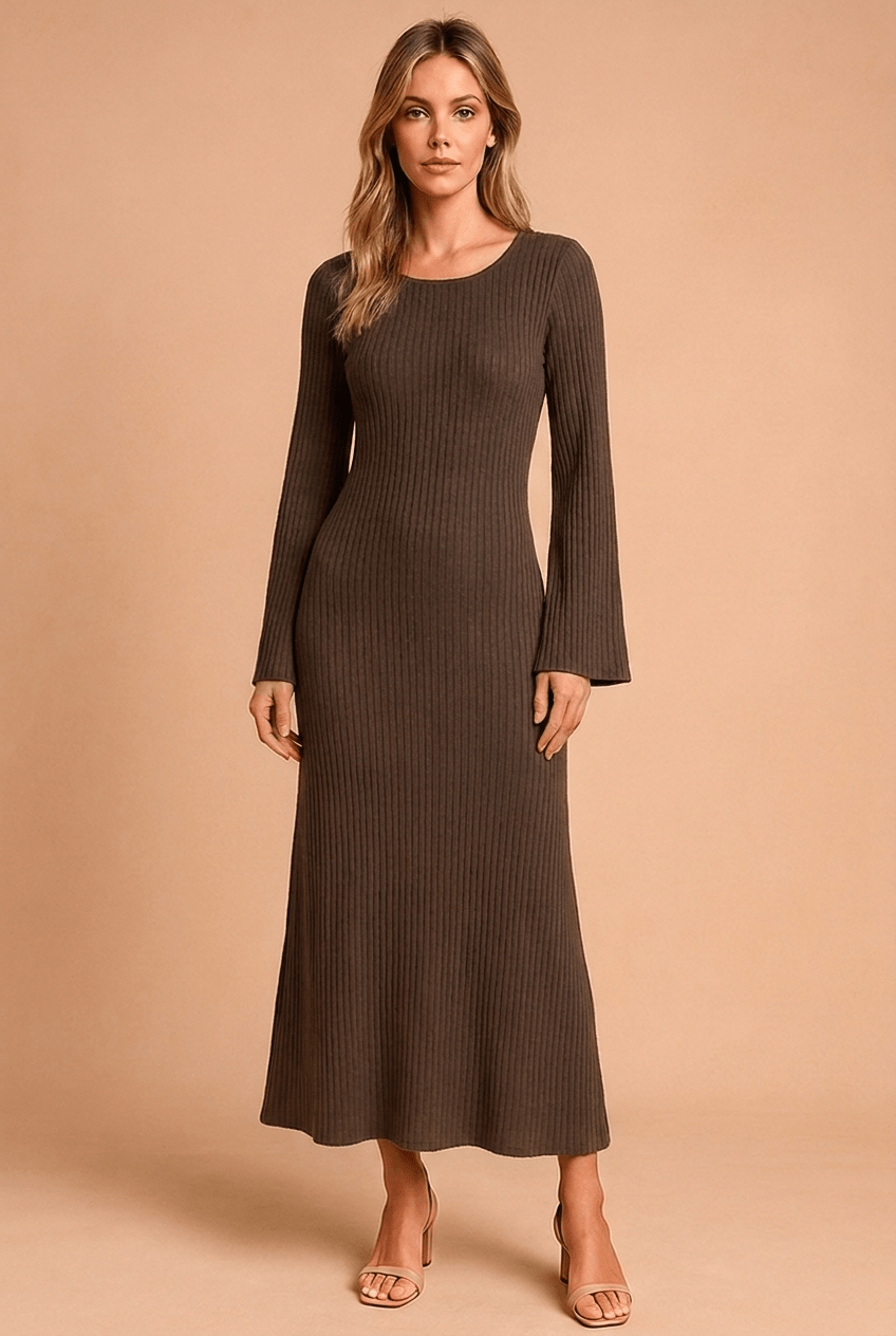 Women's Knit Maxi Dress with Scoop Neck and Bell Sleeves - We are MFEO