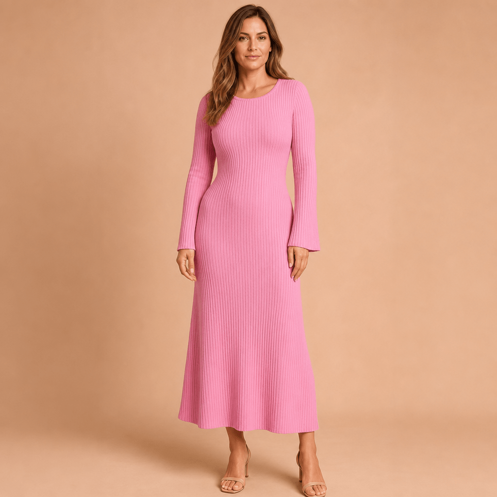 Women's Knit Maxi Dress with Scoop Neck and Bell Sleeves - We are MFEO