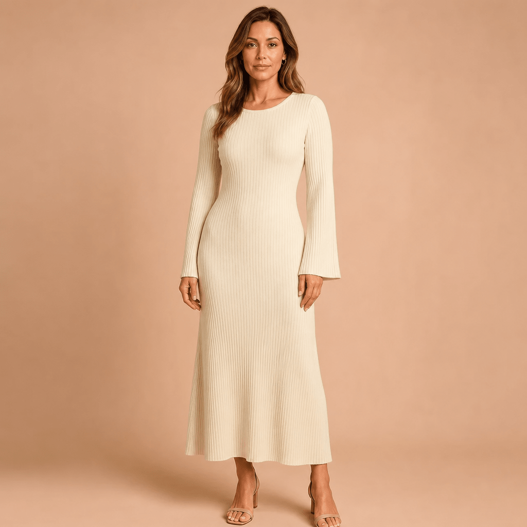 Women's Knit Maxi Dress with Scoop Neck and Bell Sleeves - We are MFEO