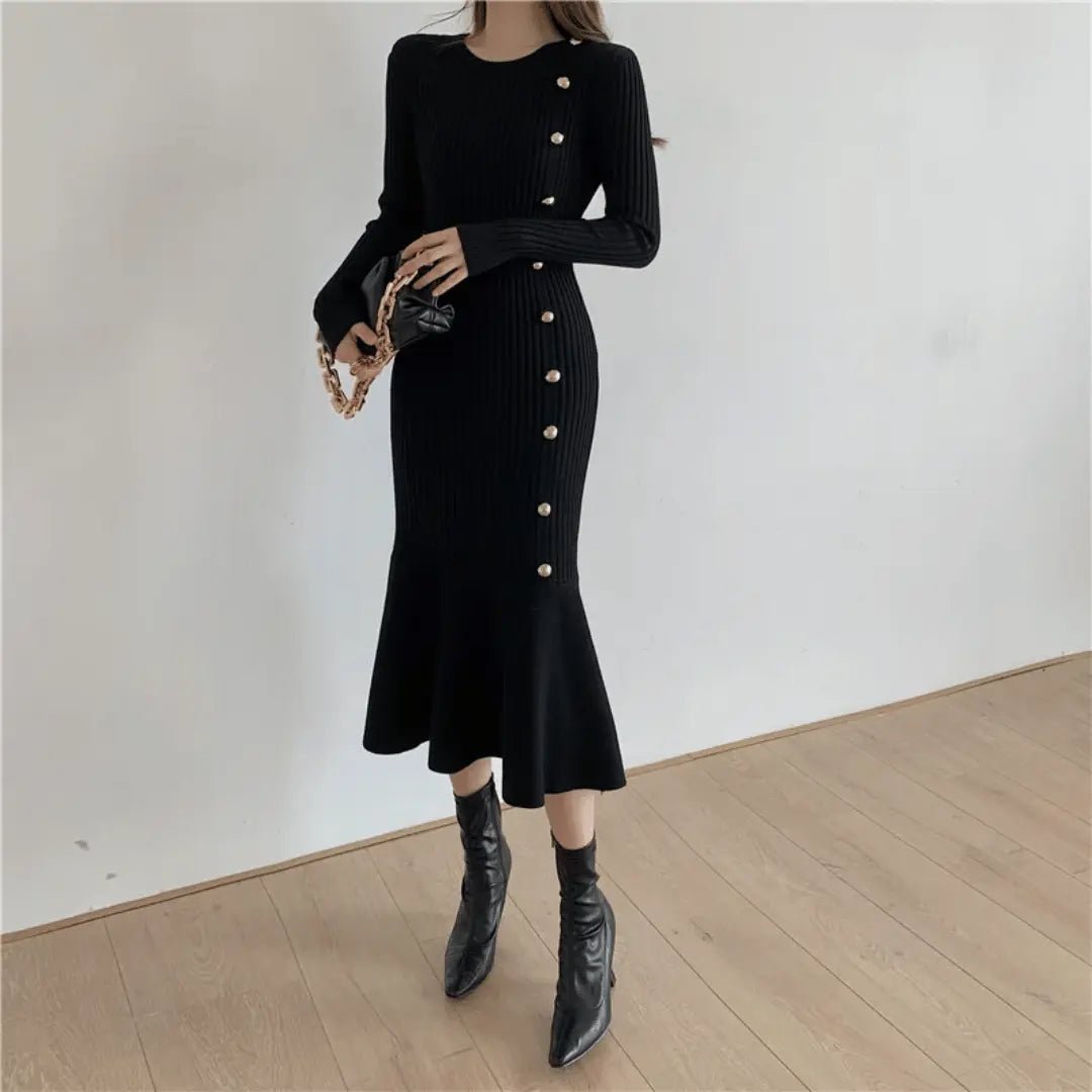 Women's Knit Midi Dress with Side Buttons – Flared Mermaid Hem - We are MFEO