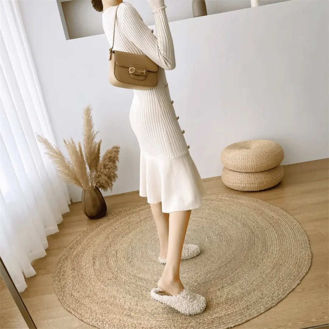 Women's Knit Midi Dress with Side Buttons – Flared Mermaid Hem - We are MFEO