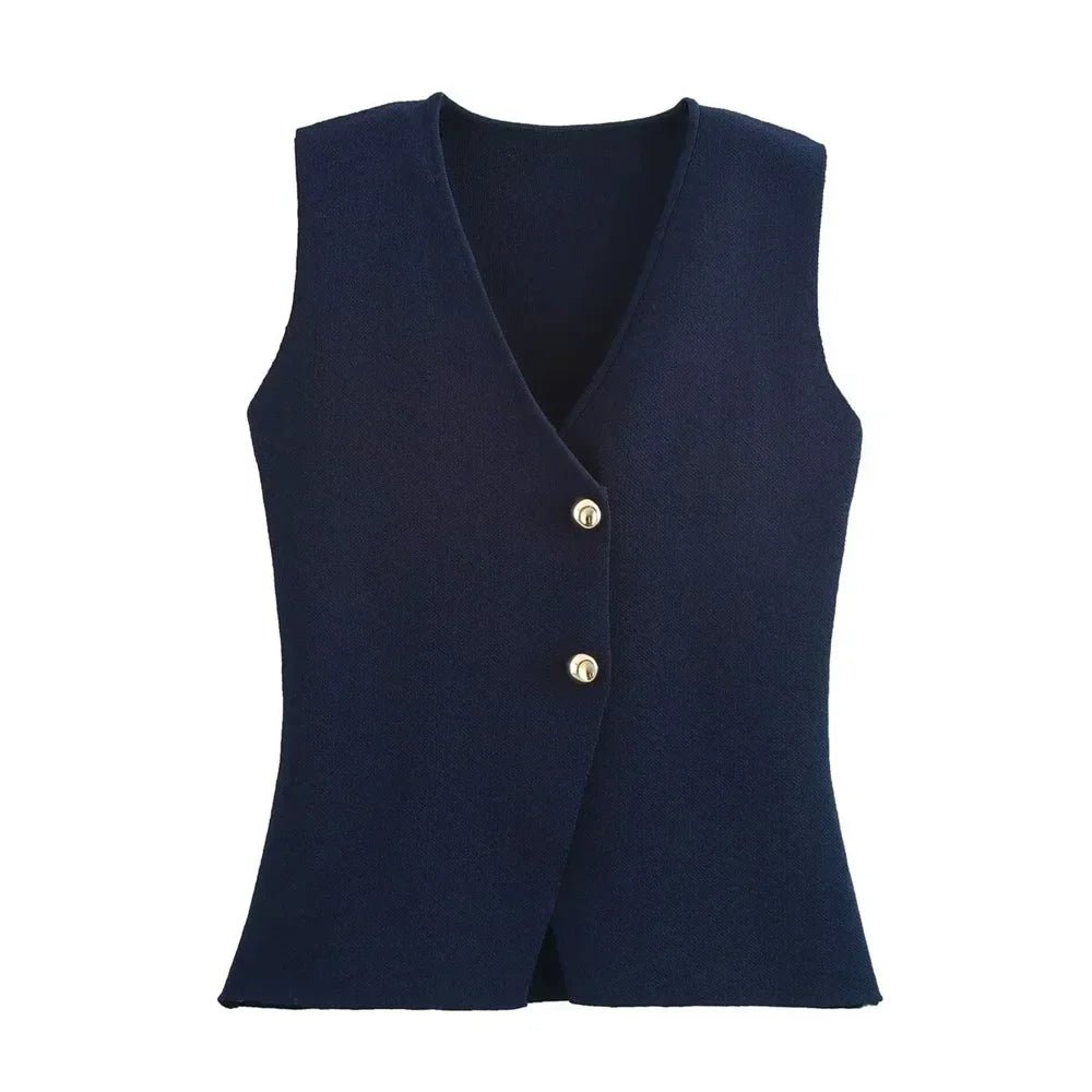 Women's Knitted Vest with V-Neck and Button Front – Asymmetric Hem - We are MFEO