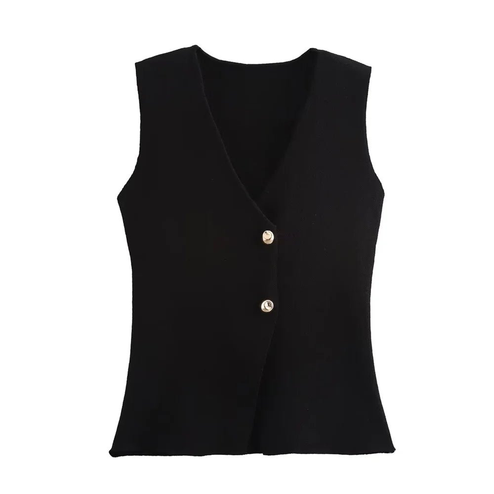 Women's Knitted Vest with V-Neck and Button Front – Asymmetric Hem - We are MFEO