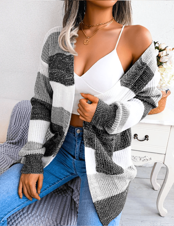 Women's Long Cardigan – Open Front Knit with Colour Block Stripes - We are MFEO