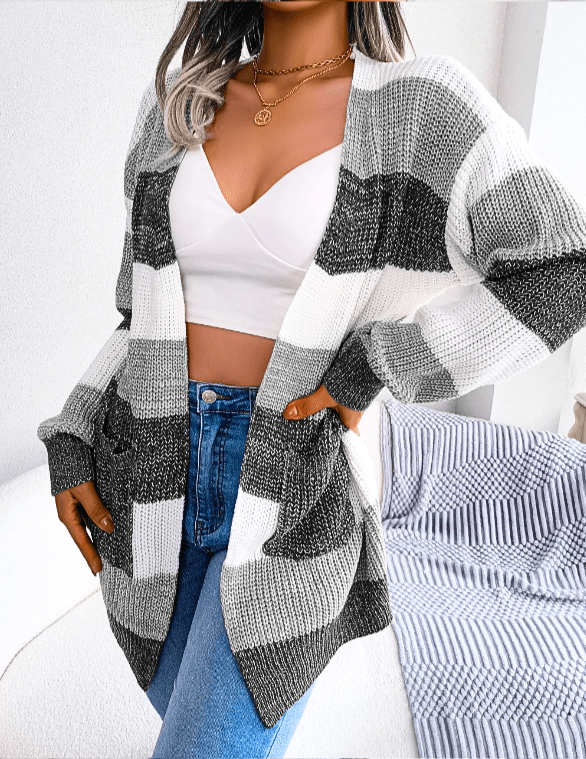 Women's Long Cardigan – Open Front Knit with Colour Block Stripes - We are MFEO
