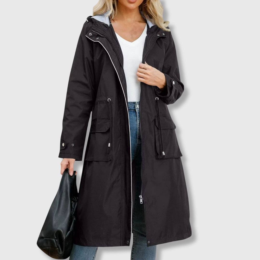 Women's Long Rain Jacket with Hood – Waterproof, Adjustable Drawstring Waist - We are MFEO