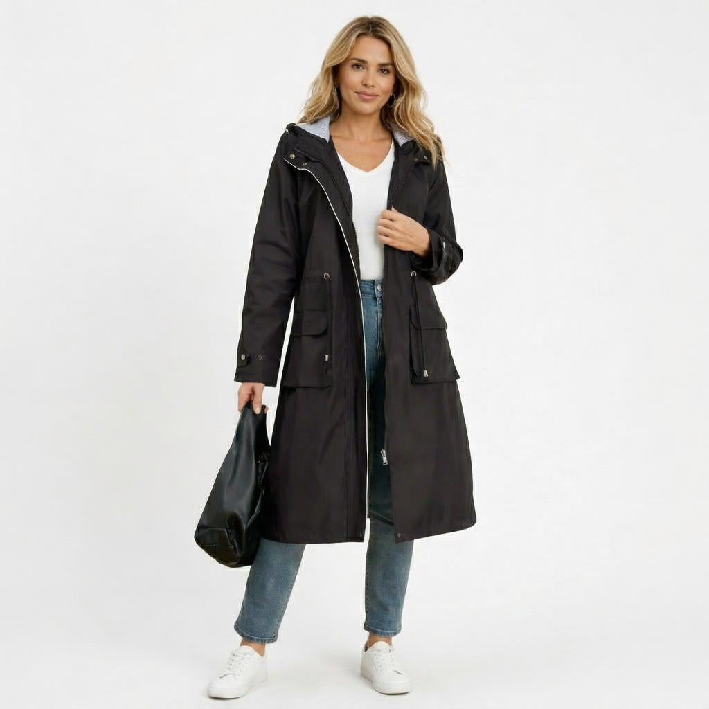Women's Long Rain Jacket with Hood – Waterproof, Adjustable Drawstring Waist