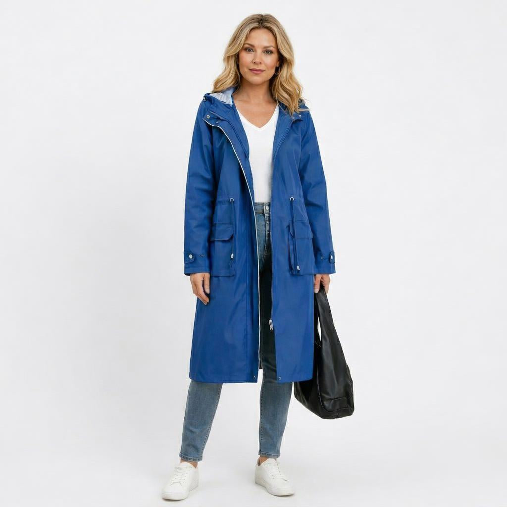 Women's Long Rain Jacket with Hood – Waterproof, Adjustable Drawstring Waist