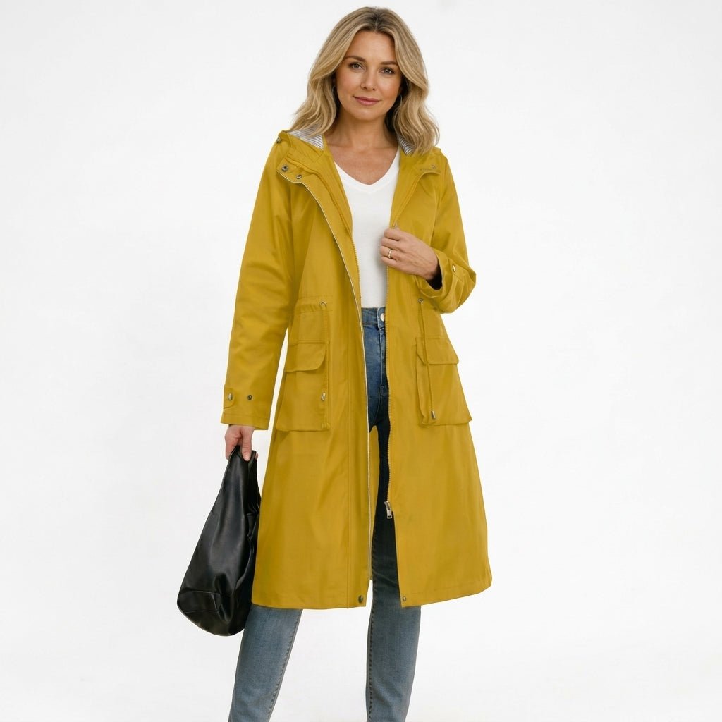 Women's Long Rain Jacket with Hood – Waterproof, Adjustable Drawstring Waist