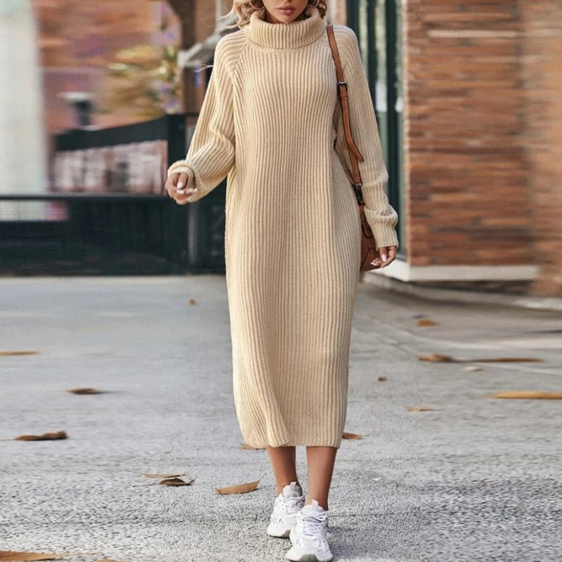 Women's Long Sleeve Knit Dress – Oversized Midi Dress with Roll Neck - We are MFEO