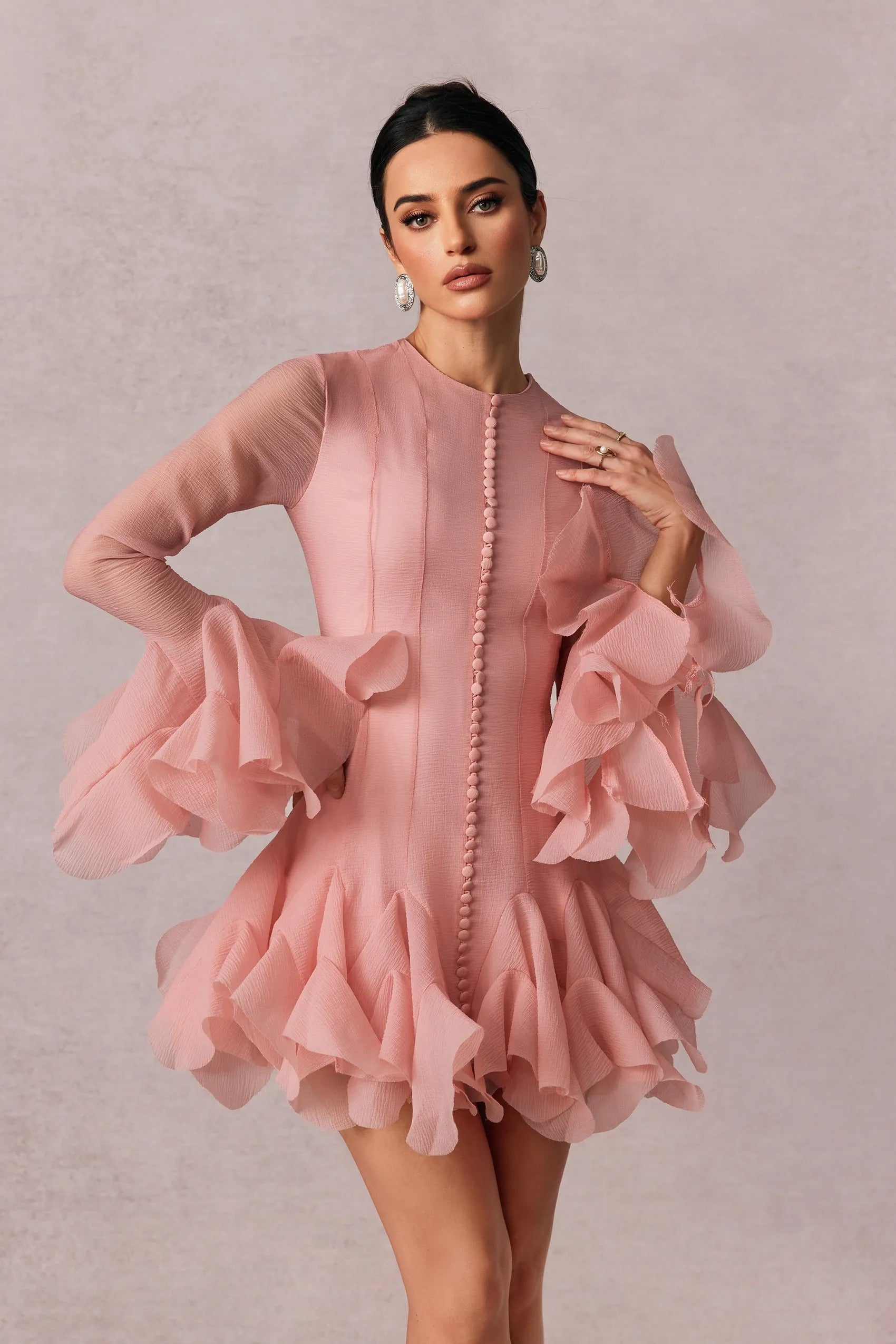 Women's Long Sleeve Mini Dress with Ruffle Detail - We are MFEO