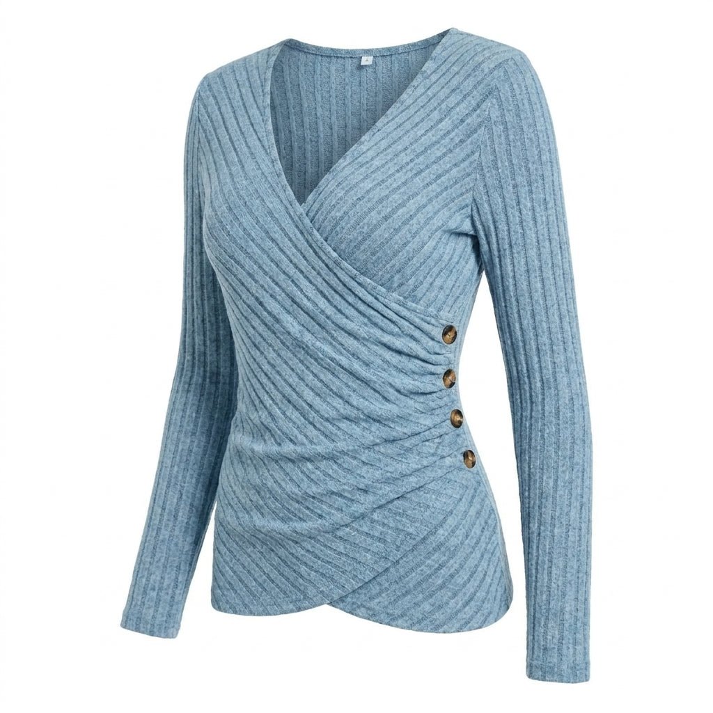 Women's Long Sleeve Wrap Top – V-Neck Ribbed Blouse - We are MFEO