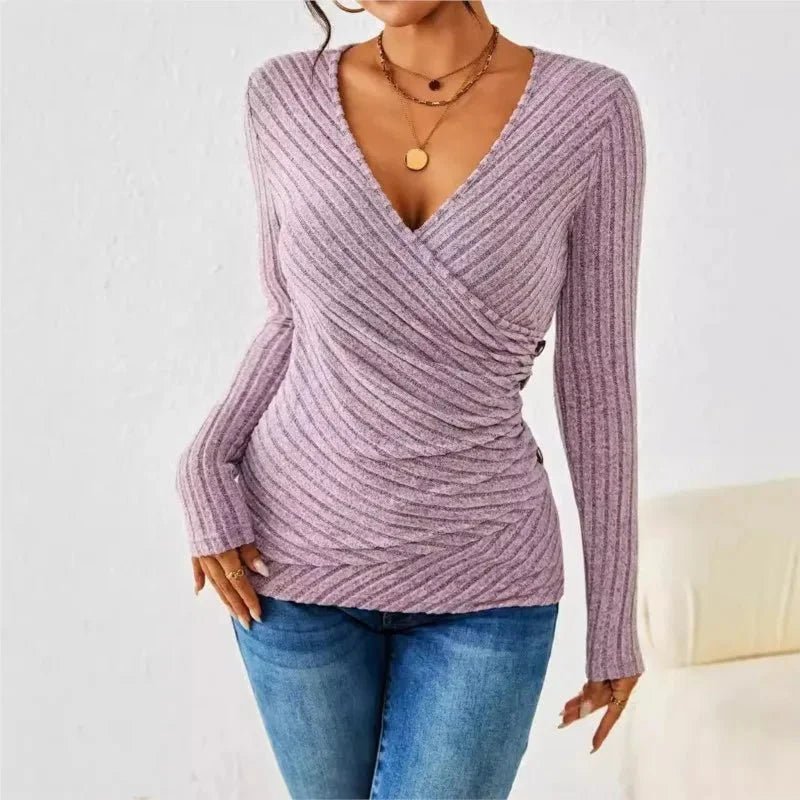 Women's Long Sleeve Wrap Top – V-Neck Ribbed Blouse - We are MFEO