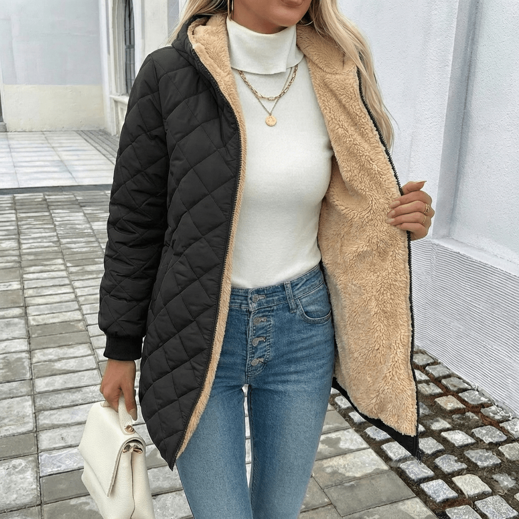 Women's Longline Quilted Coat – Hooded Black Puffer Jacket for Winter - We are MFEO