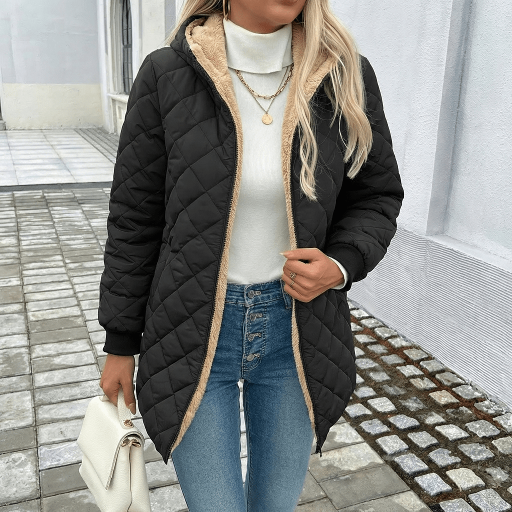 Women's Longline Quilted Coat – Hooded Black Puffer Jacket for Winter - We are MFEO
