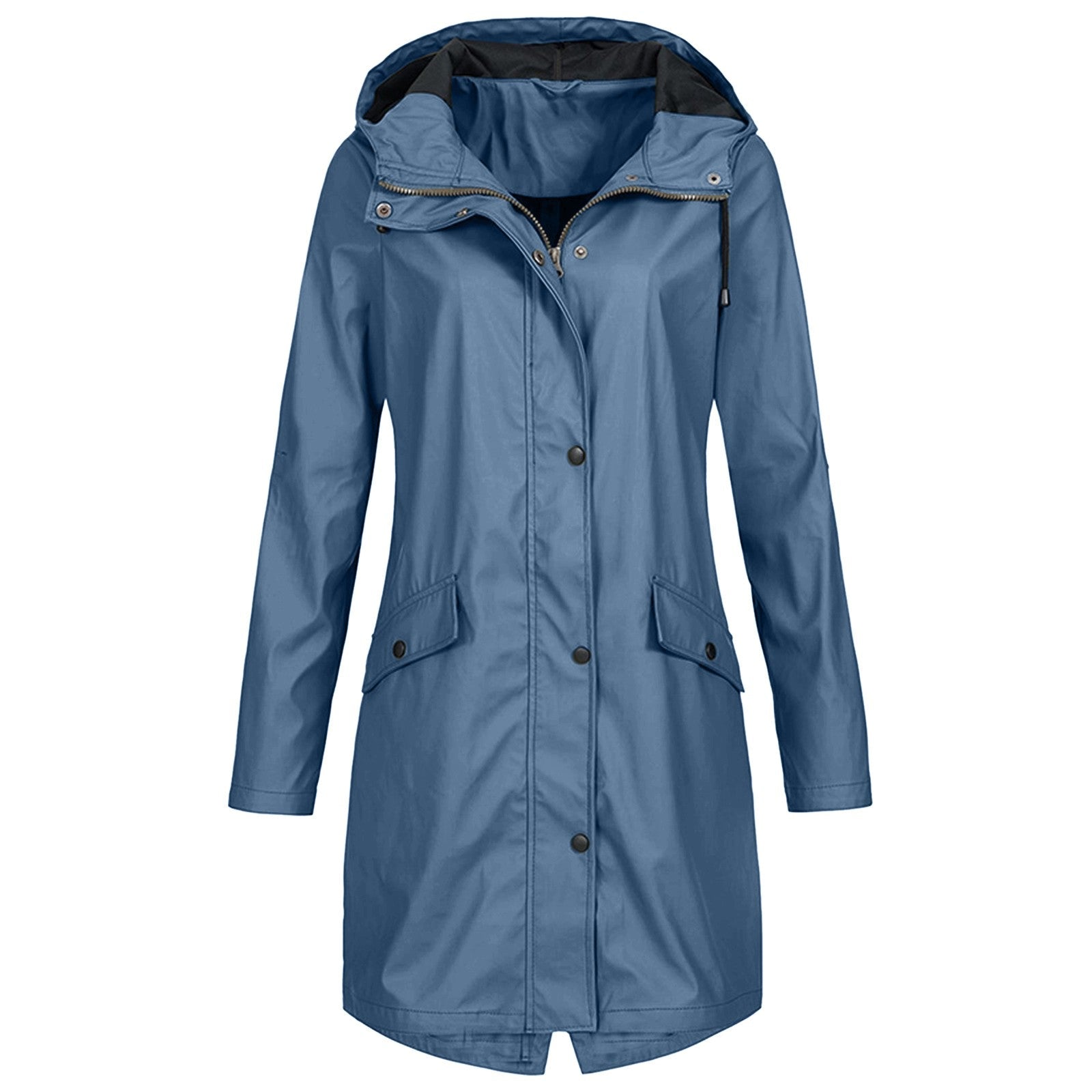 Women's Longline Rain Jacket – Waterproof with Drawstring Hood and Snap Button Closure - We are MFEO