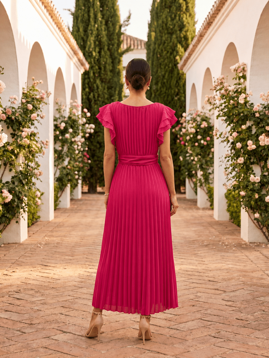 Women's Maxi Dress for Weddings – Pleated Skirt with Ruffle Sleeves - We are MFEO
