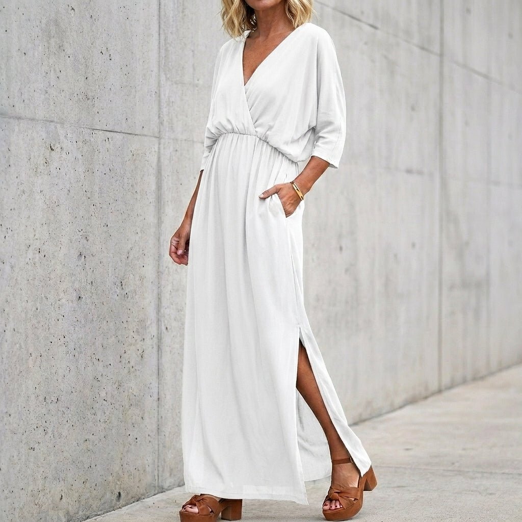 Women's Maxi Dress – V Neck with Side Split and Pockets - We are MFEO