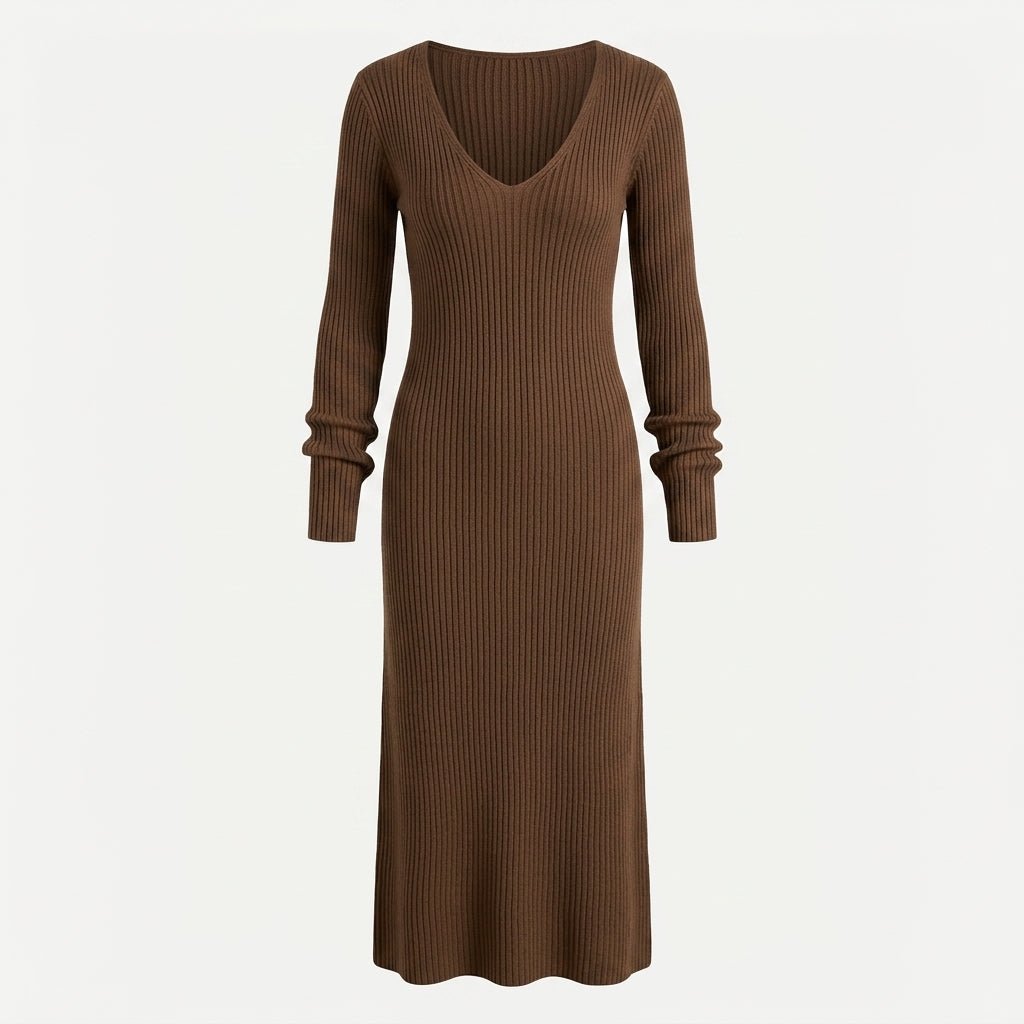 Women's Maxi Dress with V-Neck – Ribbed Knit, Long Sleeves - We are MFEO