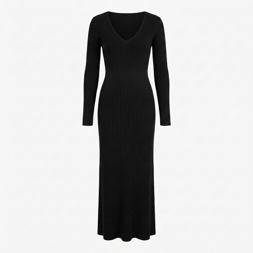 Women's Maxi Dress with V-Neck – Ribbed Knit, Long Sleeves - We are MFEO