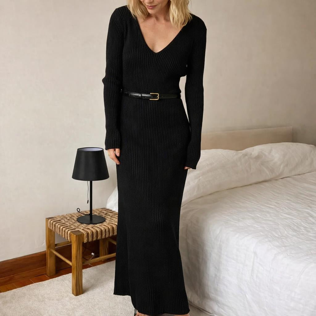 Women's Maxi Dress with V-Neck – Ribbed Knit, Long Sleeves 2