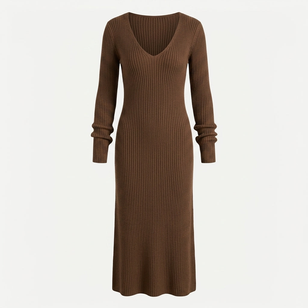 Women's Maxi Dress with V-Neck – Ribbed Knit, Long Sleeves 4