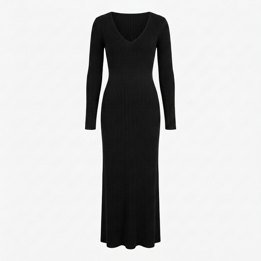 Women's Maxi Dress with V-Neck – Ribbed Knit, Long Sleeves 5