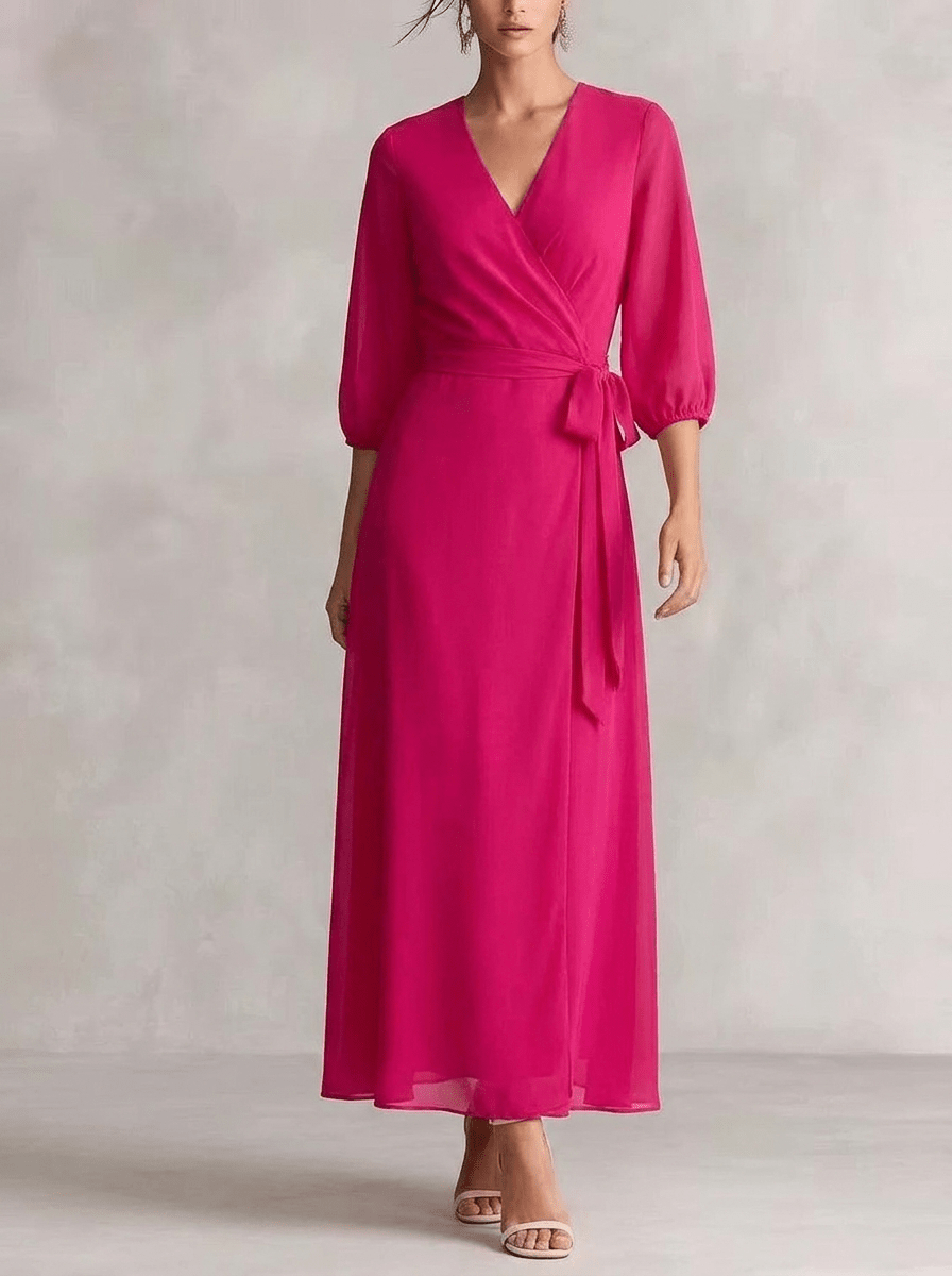 Women's Maxi Dress with V Neck – Wrap Waist, Blouson Sleeves - We are MFEO