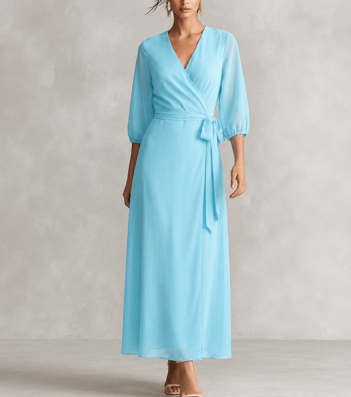 Women's Maxi Dress with V Neck – Wrap Waist, Blouson Sleeves - We are MFEO