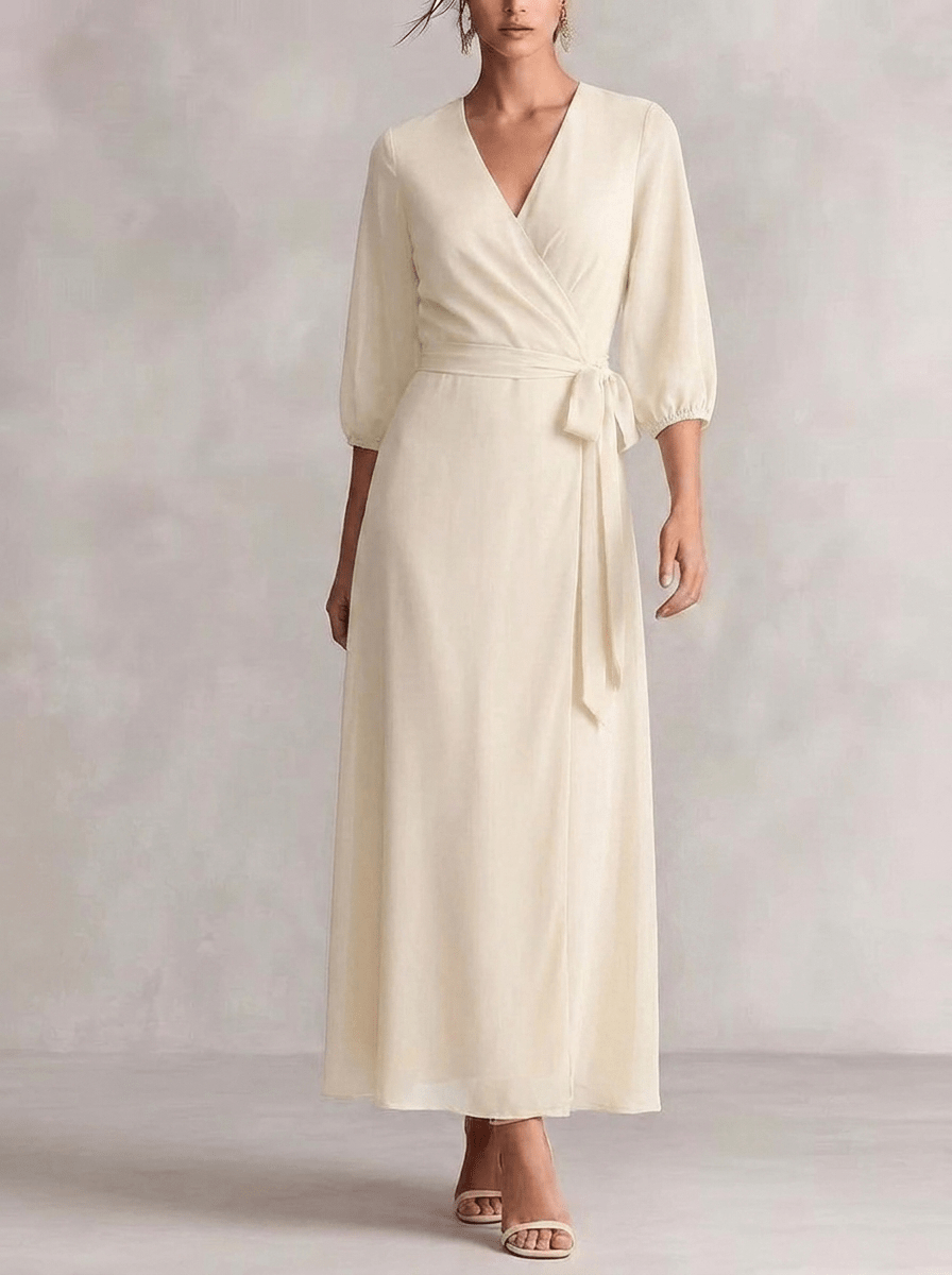Women's Maxi Dress with V Neck – Wrap Waist, Blouson Sleeves - We are MFEO