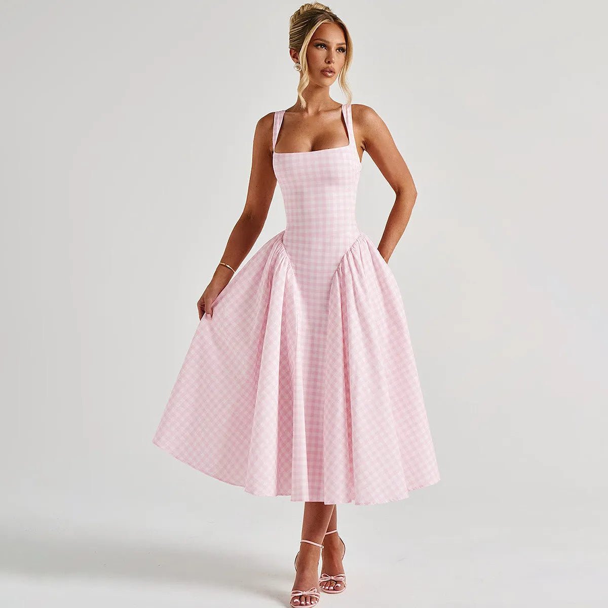 Women's Midi Dress – Gingham Check, Sleeveless Fit and Flare with Side Pockets - We are MFEO
