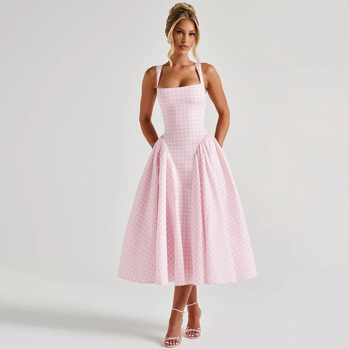 Women's Midi Dress – Gingham Check, Sleeveless Fit and Flare with Side Pockets - We are MFEO