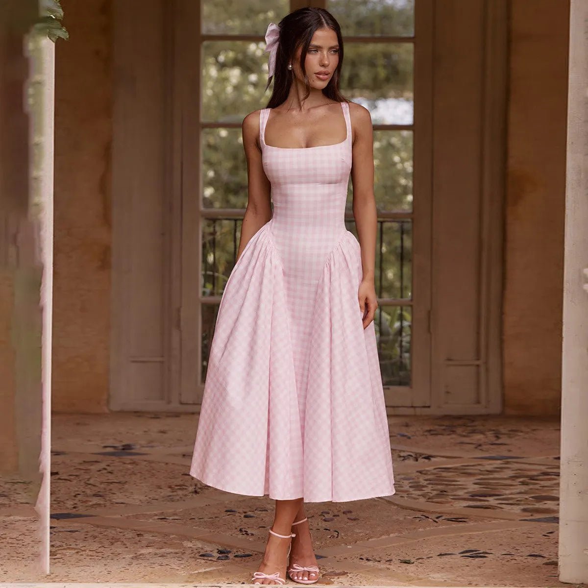 Women's Midi Dress – Gingham Check, Sleeveless Fit and Flare with Side Pockets - We are MFEO