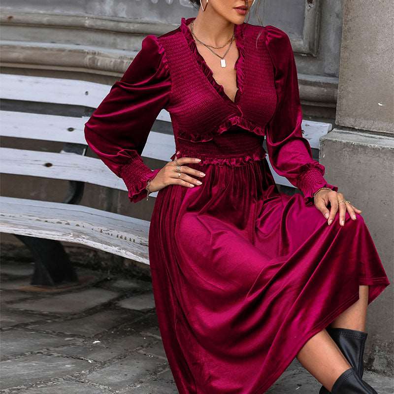 Women's Midi Dress – V Neck, Long Sleeves, Pleated Skirt - We are MFEO