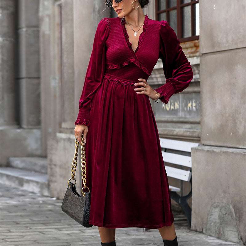 Women's Midi Dress – V Neck, Long Sleeves, Pleated Skirt - We are MFEO