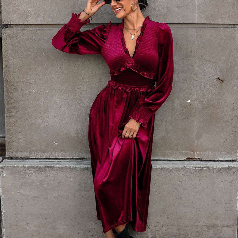 Women's Midi Dress – V Neck, Long Sleeves, Pleated Skirt - We are MFEO