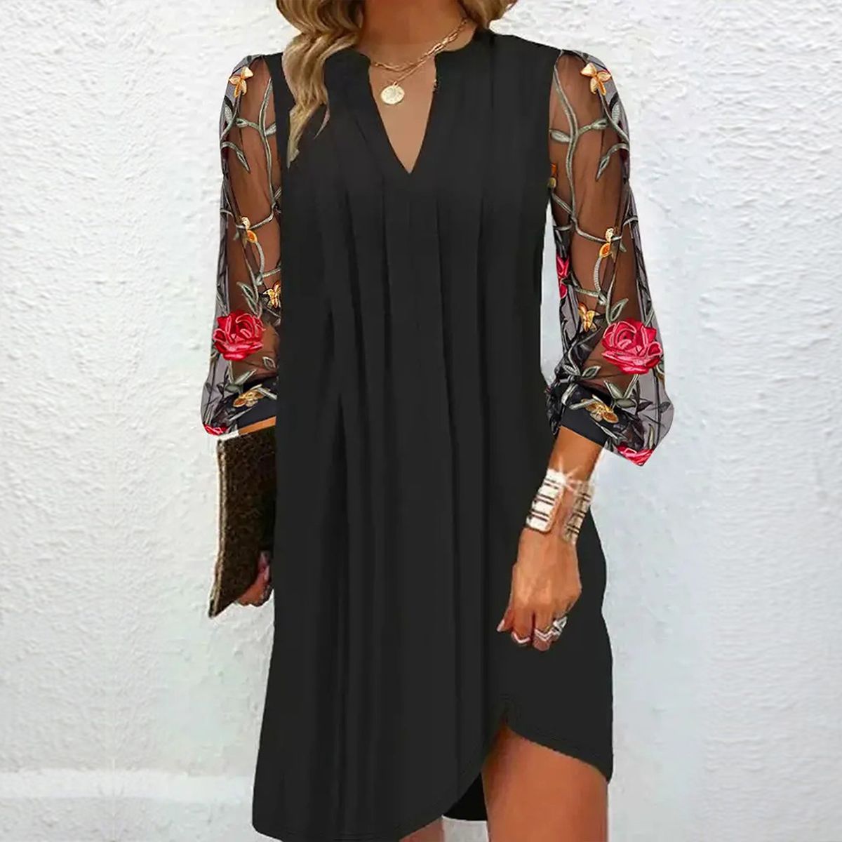 Women's Mini Dress with Floral Sheer Sleeves – Relaxed Fit V-Neck Cocktail Dress - We are MFEO