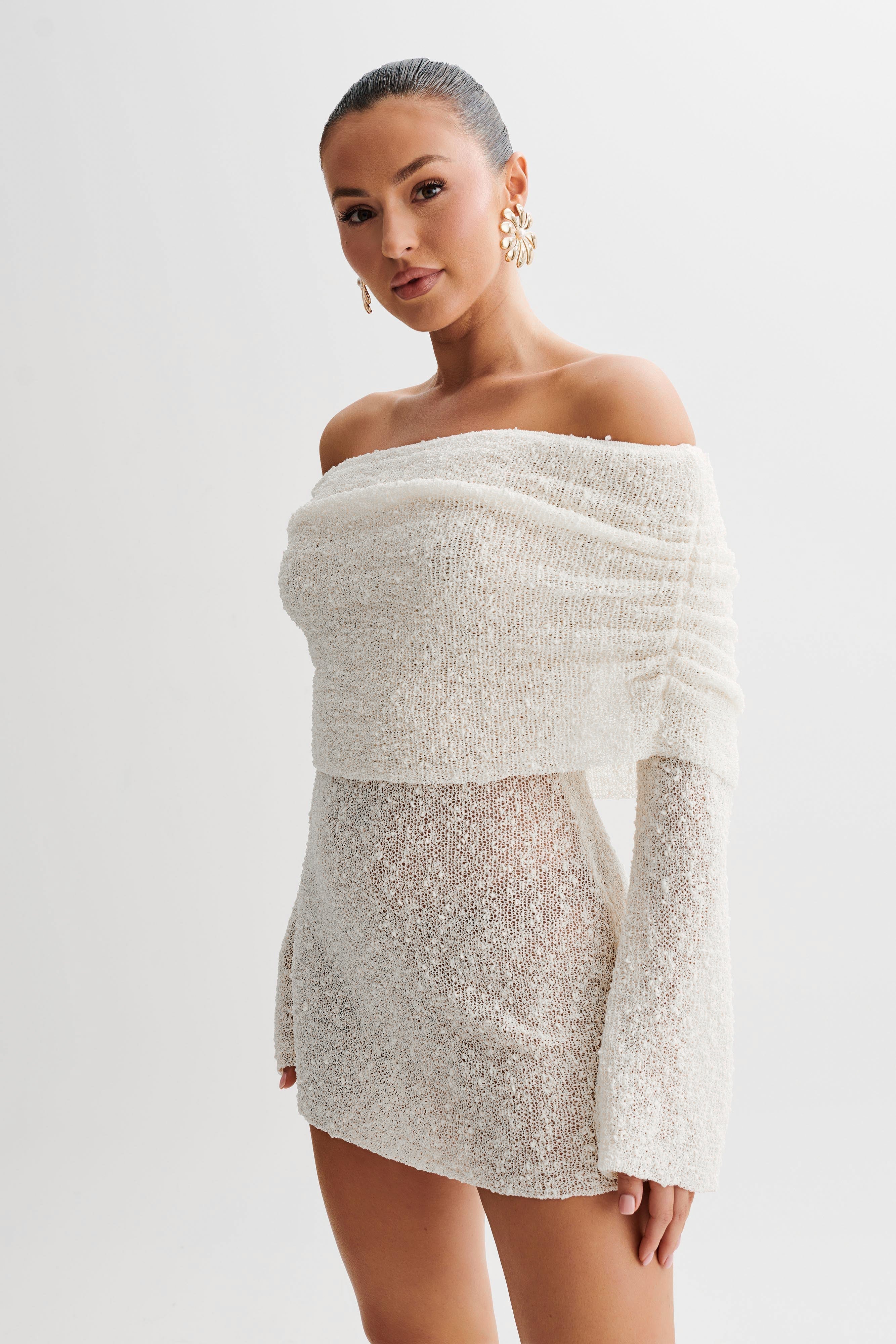 Women's Off Shoulder Mini Dress – Long Sleeve Bardot Evening Cocktail Dress - We are MFEO