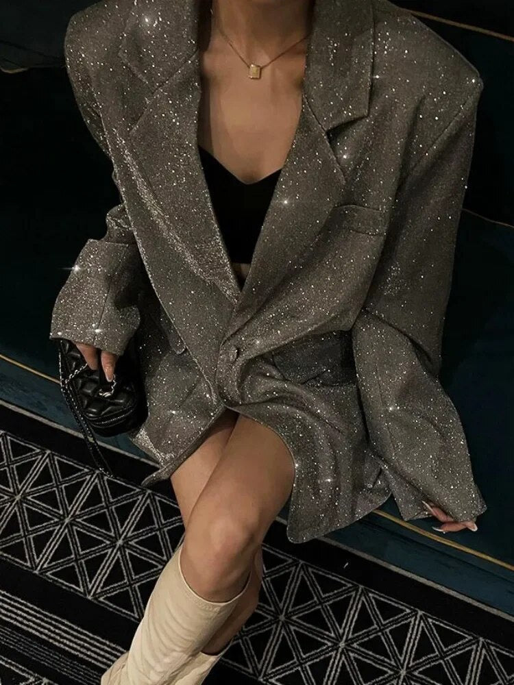 Women's Oversized Blazer with Notched Lapel – Subtle Glitter Detail - We are MFEO