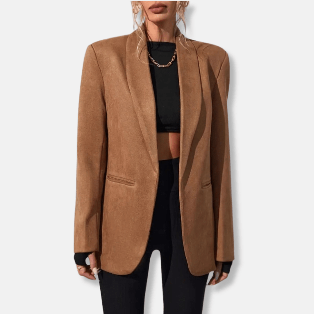 Women's Oversized Blazer with Sculpted Shoulders – Open Front Shawl Collar - We are MFEO