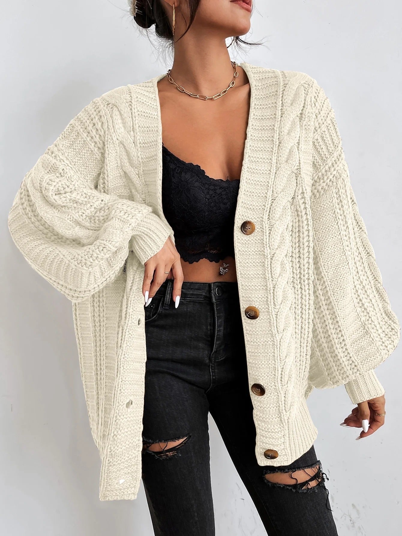 Women's Oversized Cable Knit Cardigan – Button Front with Balloon Sleeves - We are MFEO