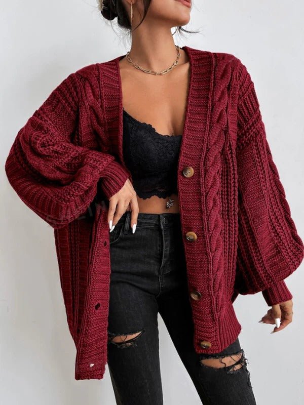 Women's Oversized Cable Knit Cardigan – Button Front with Balloon Sleeves - We are MFEO