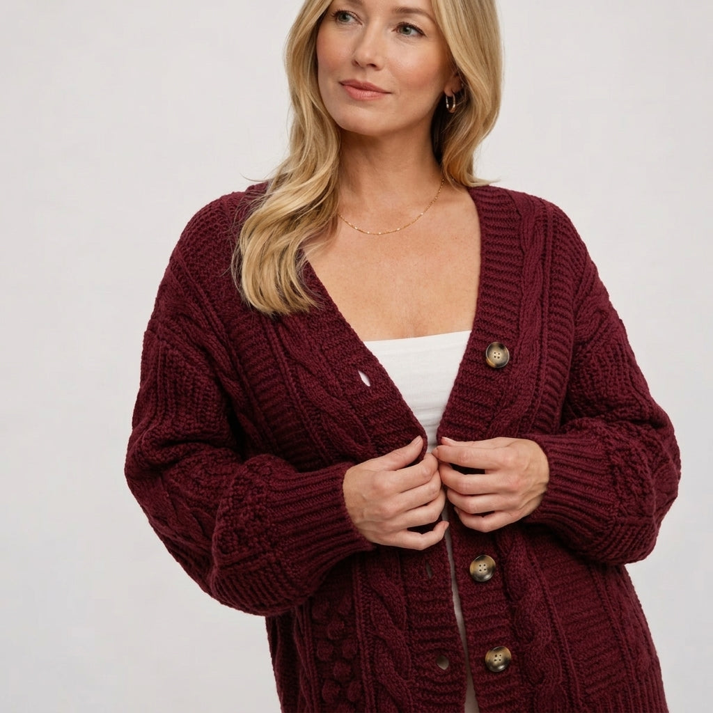 Women's Oversized Cable Knit Cardigan – Button Front with Balloon Sleeves - We are MFEO