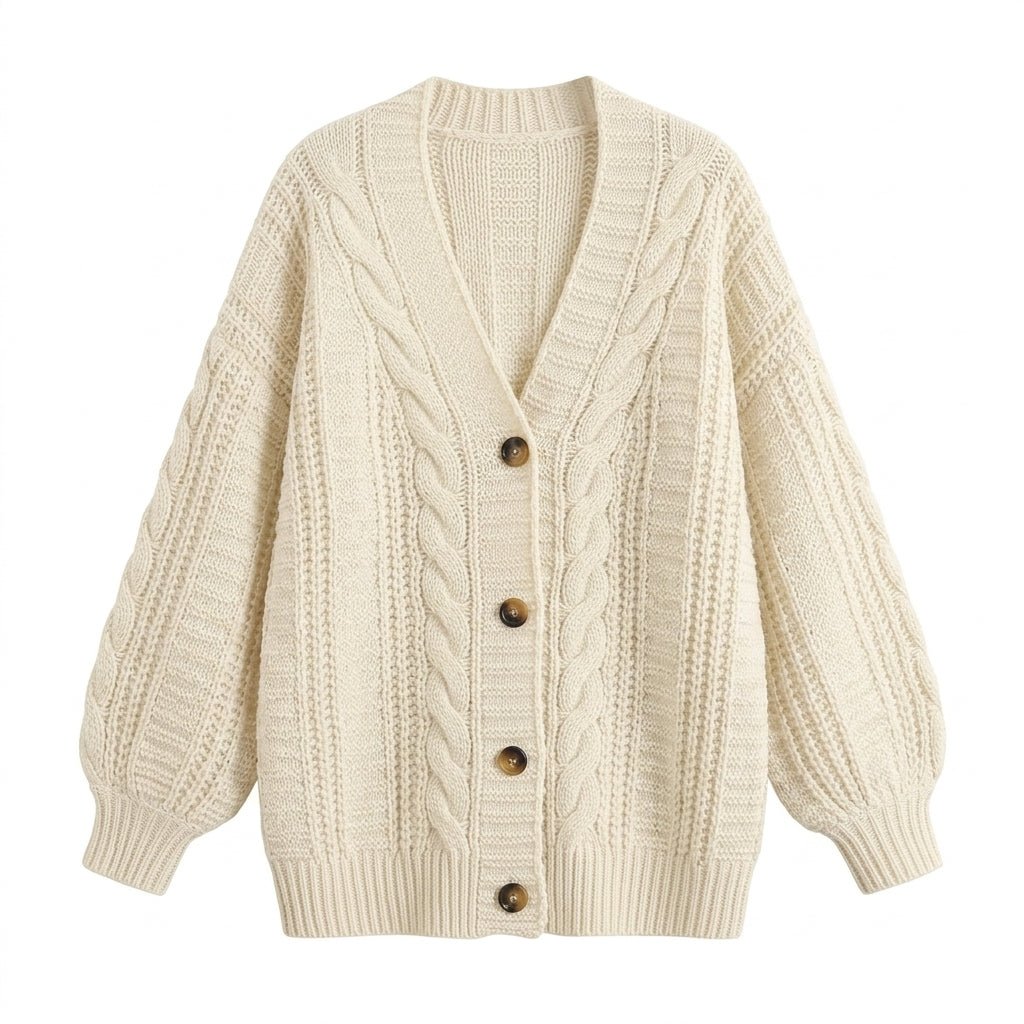 Women's Oversized Cable Knit Cardigan – Button Front with Balloon Sleeves - We are MFEO
