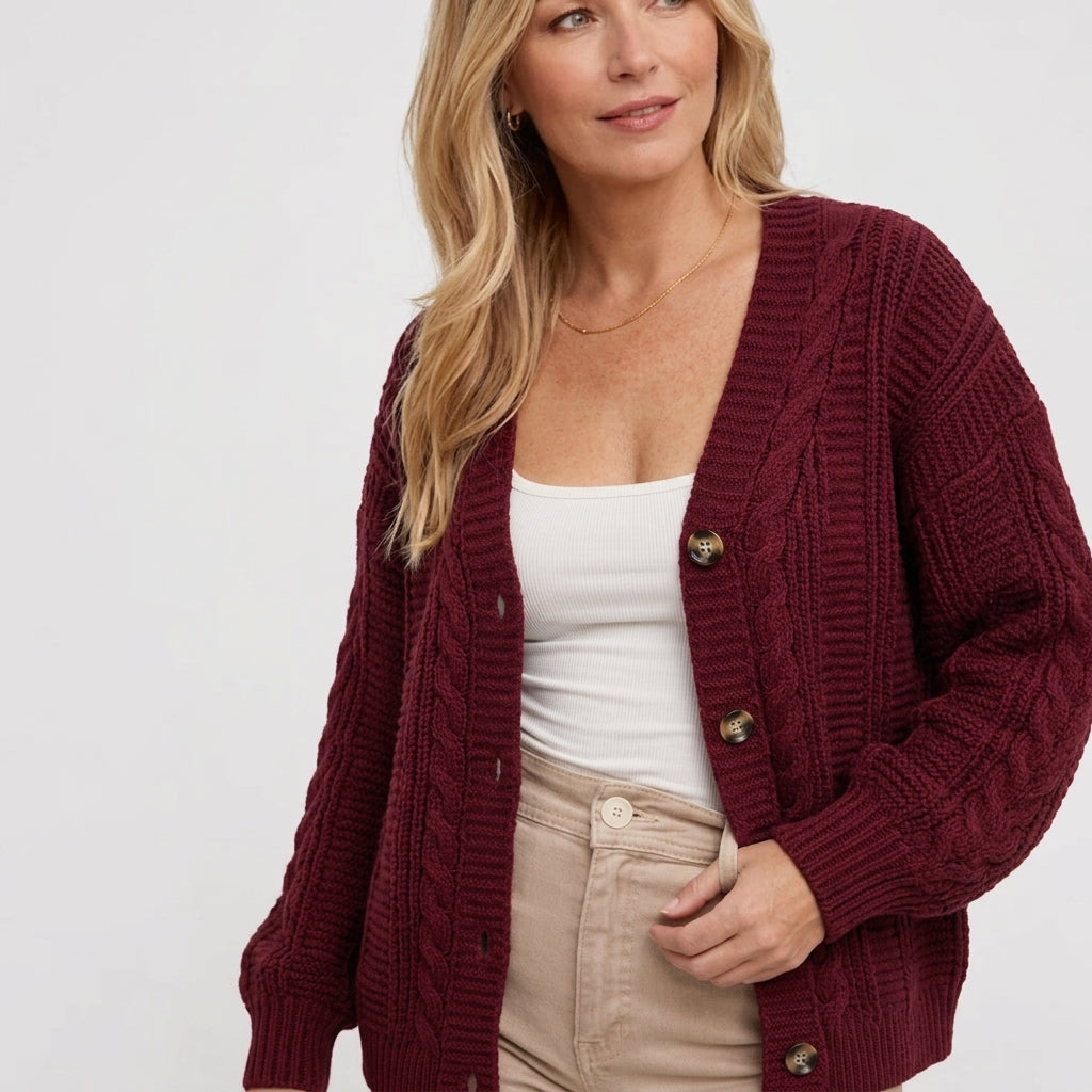 Women's Oversized Cable Knit Cardigan – Button Front with Balloon Sleeves - We are MFEO