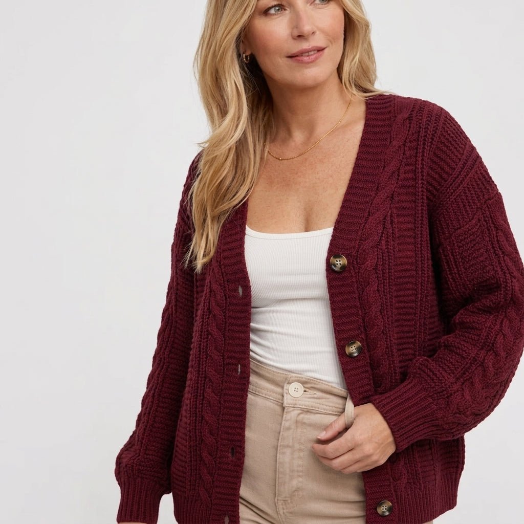Women's Oversized Cable Knit Cardigan – Button Front with Balloon Sleeves - We are MFEO